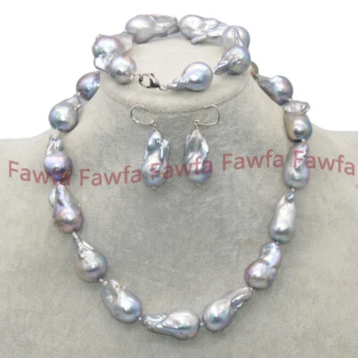 ENORME CONJUNTO DE ARETES COLLAR PERLAS BARROCAS GRIS PLATA NATURAL 20-25MM  Foto 1 de 4