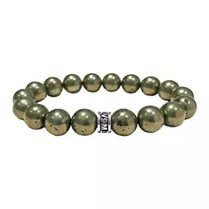 NOV9M Pyrite 10mm Beads & 925 Sterling Silver Stretch Bracelet 7" - Picture 1 of 4