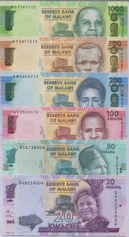 Malawi Set 6 Pcs 20 50 100 200 500 1000 Kwacha Random Date P 60 63 64 65 66 UNC Cover