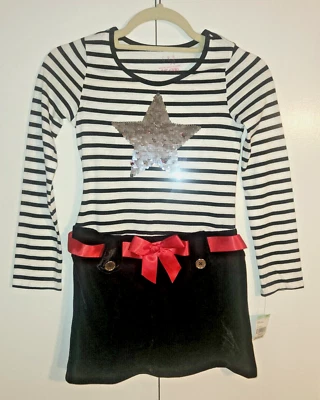 SEARS C R B Girl Long Sleeve Sequin Star Dress sz 7/8 Small Black & White Stripe - Image 1 of 4