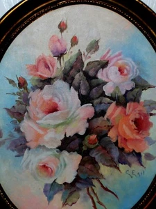 SIGNED C. Earl ORIGINAL Rose Flowers Bouquet Oil Canvas Royal Painting Vintage - Picture 1 of 12