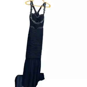 Faviana Couture Blue Mermaid Formal Fitted Gown Beaded Open Back Size 4 FLAW - Picture 1 of 9