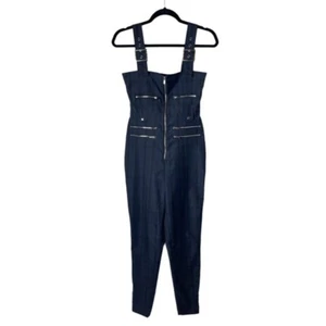 WEWOREWHAT Jumpsuit Women XS Navy Blue Black Plaid Moto Overalls Luxury - Picture 1 of 11