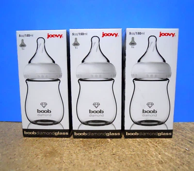 Lot of 3 Joovy Boob Diamond 5oz/150ml Glass Baby Bottle 0M+ Single Hole Nipple! - Image 1 of 4