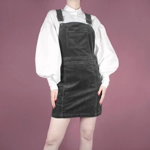 Vintage Style DOROTHY PERKINS Grey Short Corduroy Dungaree Pinafore Dress XS S 8 - Picture 1 of 13