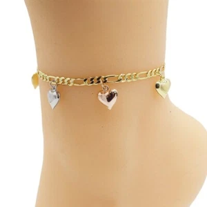 "Pulsera de tobillo relleno de oro real de 18k tres tonos con corazones dijes 10" - Imagen 1 de 5
