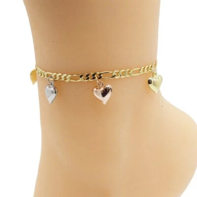 Pulsera tobillera rellena oro real 18k capas tres tonos con corazones dijes 10" Foto 1 de 4