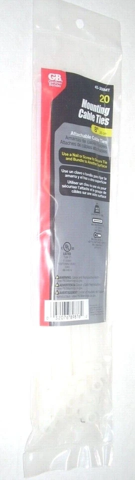 Bridas de cable Gardner Bender 45-308MT blancas de montaje con cremallera 8" de largo 50 lb paquete de 20 Foto 1 de 1