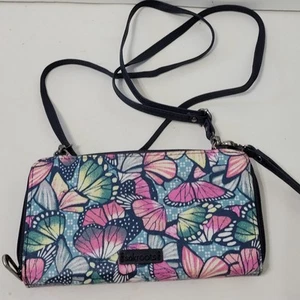 Sakroots Crossbody Wallet Wristlet Zip Around 8" X 4" Pink And Teal Butterflies - Picture 1 of 9