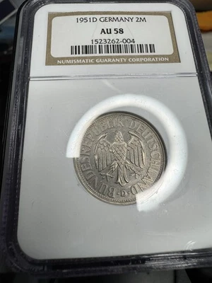 1951-D Germany Federal Rep. 2 Mark Copper-Nickel Coin NGC Certified AU58 - Image 1 of 2