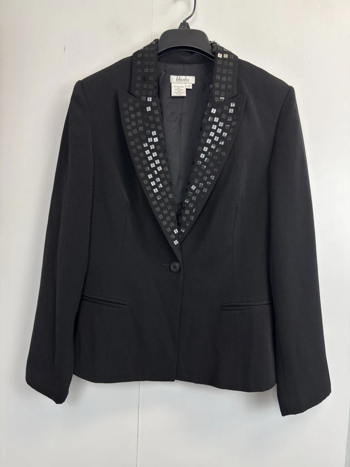 Blushe впечатления Blazer женщин 12 черный блестки лацкан куртка карманы одна кнопка - Изображение 1 из 4