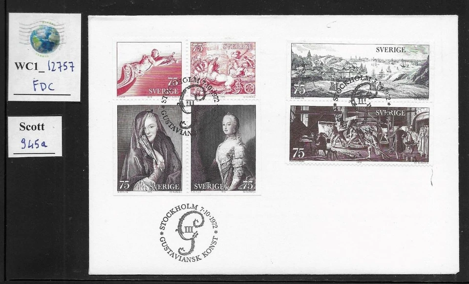 WC1_12757. SWEDEN. 1972 18TH CENTURY SWEDISH ART FDC. Scott 945a - Image 1 of 1