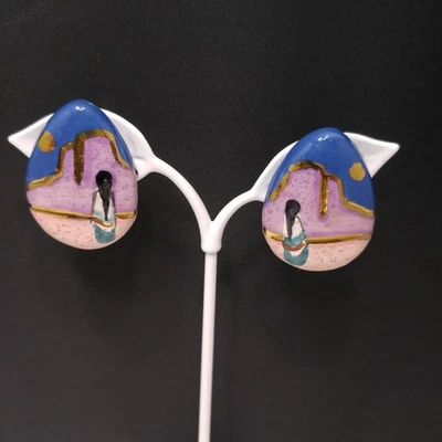 Vintage Hand Painted Southwestern Folk Art Ceramic Clip Earrings 1980s - Image 1 of 4