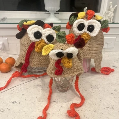 3 chapéus gorro de crochê tricô peru Gobble Ação de Graças -2 adulto 1 cachorro pequeno  - Imagem 1 de 4