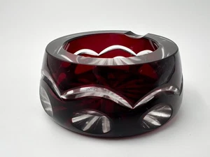 Bohemian Ashtray Vintage Tobacciana Ruby Crystal Cut Colored Glass Burgundy - Picture 1 of 12