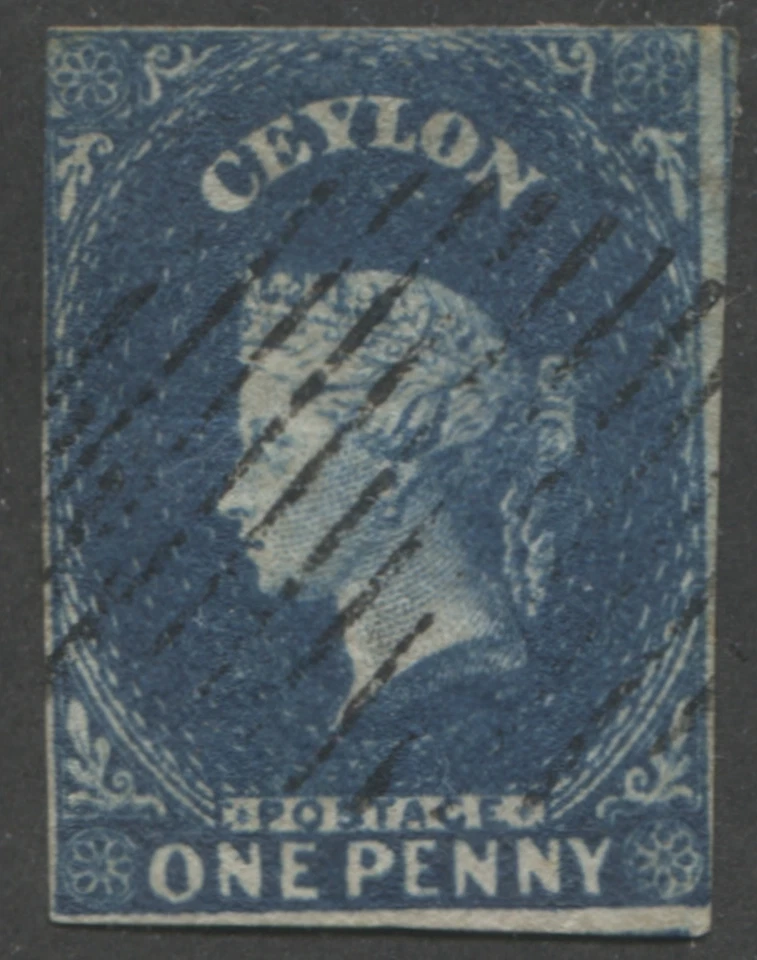 Sello Ceylon Scott #3 / SG #2 1d azul profundo QV imperfecto usado barrado cancelar 1857 Foto 1 de 1