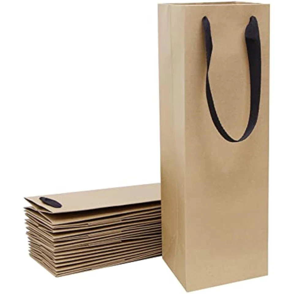 Bolsas de regalo para botellas de vino marrón a granel, paquete de 10 bolsas de regalo de papel Kraft con Ha Foto 1 de 1