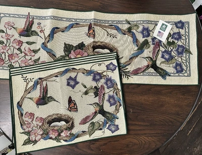 Set of 5 Floral Bird Tapestry Placemats and 13" x 38" Table Runner Made In USA - Image 1 of 4