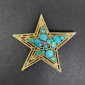 Rare Capri Signed Star Brooch Turquoise Cabocons Pink Rhinestone Gold Tone 1950s - Picture 1 of 12