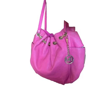 Michael Kors Jet Set Gold Chain Zinnia Pink Handbag Tote Pebbled Leather Large - Picture 1 of 22