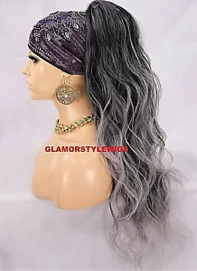 HUMAN HAIR BLEND PONYTAIL HAIR PIECE EXTENSIONS LONG WAVY LAYERED BLACK GRAY MIX - Picture 1 of 5
