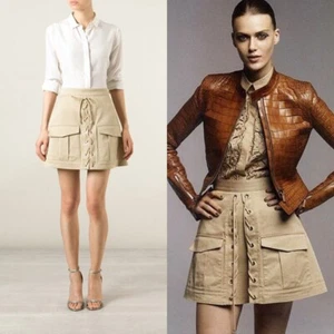 38 NEW $1,335 ROBERTO CAVALLI Runway Khaki Tan Cotton CORSET LACE UP MINI SKIRT - Picture 1 of 18