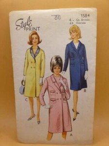 VTG 60s STYLE 1584 LADIES' SEMI-FITTED DOUBLE-BREASTED COAT-36" SEWING PATTERN