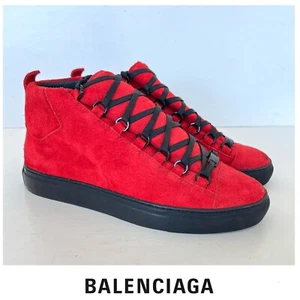 BALENCIAGA Arena Pavot Red Suede Black Trim High Top Lace Up Sneakers Sz 39 - Picture 1 of 17