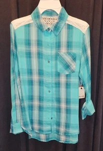 NWT GIRLS SIZE 14, MUDD, TEAL MINT PLAID,  LONG SLEEVE BLOUSE/TOP - Picture 1 of 2
