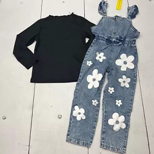 Jean White Daisy Print Overall 2-Piece Outfit Black Mock Neck Top Girls Size 6 Y - Picture 1 of 11