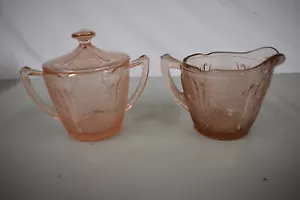 Jeanette Depression Glass Cherry Blossom Pink Cream And Sugar Set With Lid - Picture 1 of 4