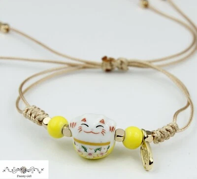 Pulsera cuerda ajustable animal gato/gatito flor grasa cerámica suerte niña mujer 4-11" Foto 1 de 4