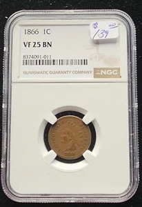 1866 1C INDIAN Head Cent Coin NGC VF 25 - Picture 1 of 2