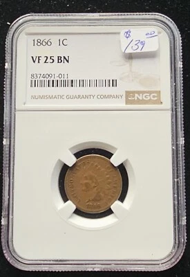 1866 1C INDIAN Head Cent Coin NGC VF 25 - Image 1 of 2