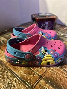 Crocs Girls Sz 11 Crocband Flowers, Bee, Pink With Blue Accents, Good Condition - Picture 1 of 15