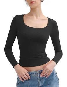 PUMIEY Women's Long Sleeve T Shirts Scoop Neck Slim Fit Going Out Tops Double... - Picture 1 of 6