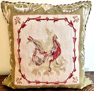Pair of  Authentic Aubusson Tapestry Rooster Pillows Birds French Country 16" - Image 1 of 4