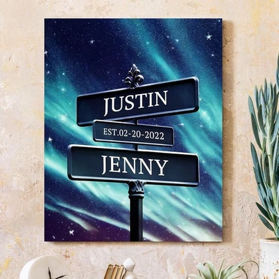 Name and Date on Street Beautiful Abstract aurora night Canvas Prints Love Gift - Image 1 of 4