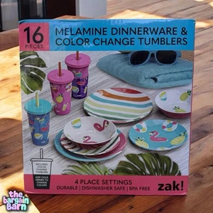 ZAK! 16pc Pink Flamingo Summer Melamine Color Change Tumblers Dinner Set (NIB) - Picture 1 of 4