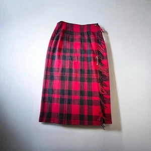 Vintage Woolrich Red Tartan Plaid Blanket Wool Wrap Maxi Skirt Sz 16 Fringe - Picture 1 of 14