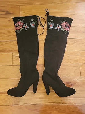 Botas de tela ZIGISOHO BRYNA negras bordadas por encima de la rodilla para mujer, talla 9 1/2 EE. UU.  Foto 1 de 4