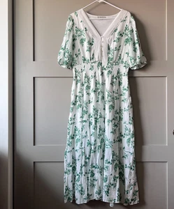 Maxi abito donna J Gee floreale taglia XL bianco verde boho cottagecore prateria smocked - Foto 1 di 15