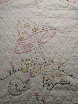Cobertor de colcha vintage bordado à mão cogumelo para dormir bebê gatinho filhote - Imagem 1 de 4