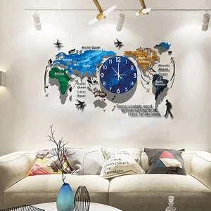 World Map Wall Clock Home Bedroom Wall Personality Wall Clock - Picture 1 of 39