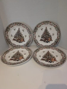  Queen's SEASONS GREETING Myott Factory CHRISTMAS TREE 10" Dinner Plate SET of 4 - Picture 1 of 16