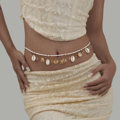 Women's Double-layer Alloy Scallop Starfish Pendant Waist Chain Beads Body Chain - Image 1 of 4
