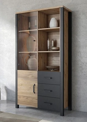 Vitrinenschrank Olin Standvitrine 101cm appenzeller fichte / schwarz Industrial - Bild 1 von 4