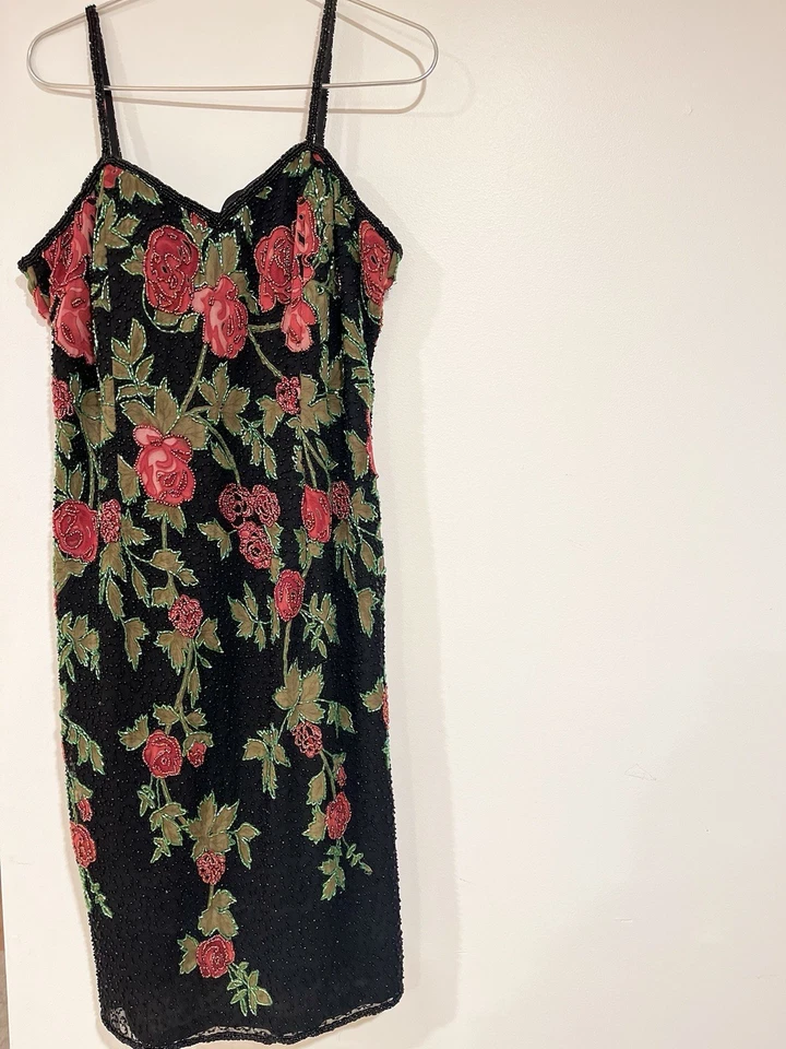 Vestido De Colección Paradise New York Negro y Rojo Cuentas Seda Cóctel Vacaciones M Foto 1 de 4