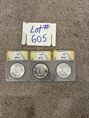 90% Silver Peace Dollar Coins - Lot Of 3. 1925-1924-1925 ANACS MS 62.62.63 # 605 - Image 1 of 4