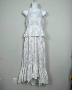 BCBG Max Azria XS Ivory Eyelet Peplum Maxi Dress Coquette Fairy Milkmaid - Picture 1 of 10